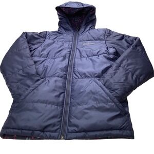 Columbia Reversible Puffer Jacket Girls L 14/16 Blue Pink Geometric Print Hooded